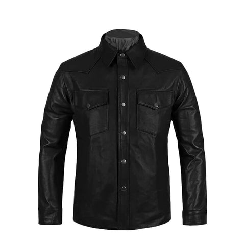 Henry Black Chest Pockets Leather Shirt Jacket - Leather Jacketss