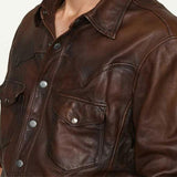 Alberto Distressed Brown Lambskin Leather Slim Fit Shirt - Leather Jacketss