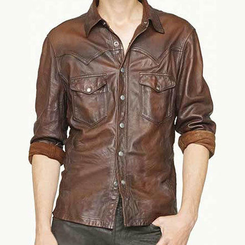 Alberto Distressed Brown Lambskin Leather Slim Fit Shirt - Leather Jacketss