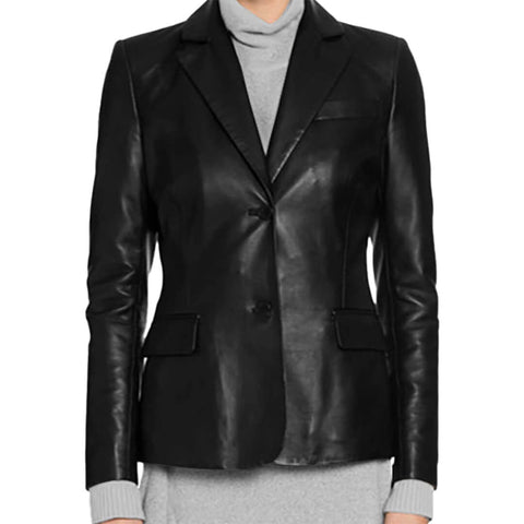 Jennifer Two-Button Black Leather Blazer - Leather Jacketss