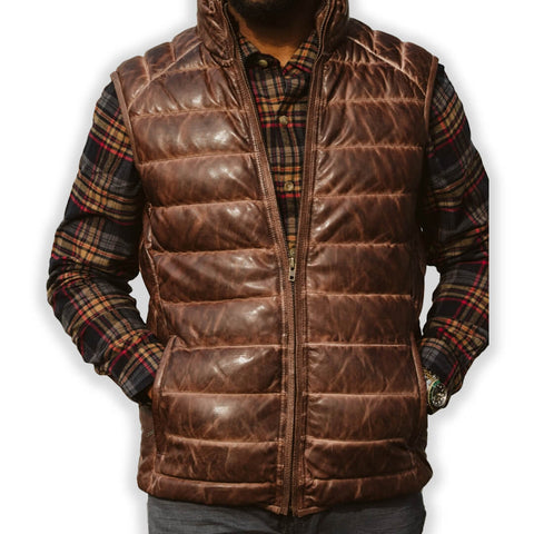 Tyler Brown Leather Puffer Vest - Leather Jacketss