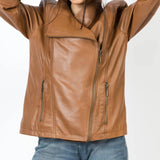 Karen Brown Leather Jacket with Asymmetrical-Zipper - Leather Jacketss