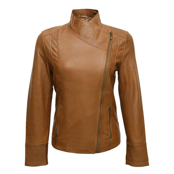 Karen Brown Leather Jacket with Asymmetrical-Zipper - Leather Jacketss