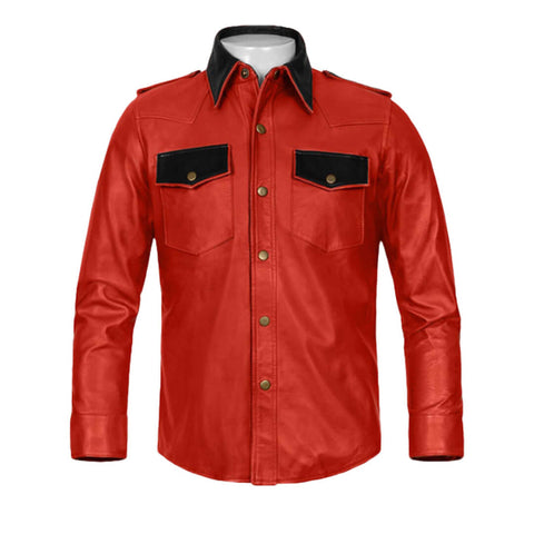 Aaron Red Military Style Native Leather Shirt - Leather Jacketss