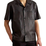 Henry Short Sleeve Black Leather Shirt - Leather Jacketss