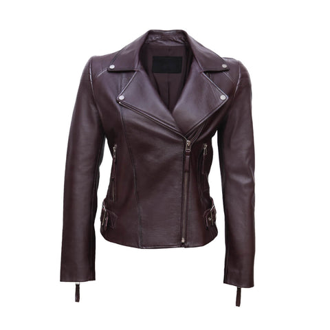 Nina Burgundy Motorcycle Leather Jacket - Leather Jacketss