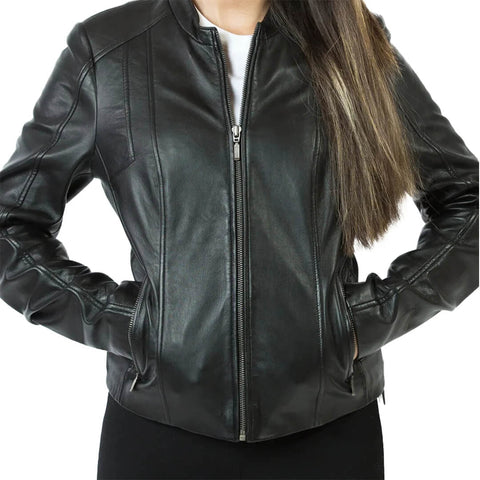 Stella Black Leather Biker Jacket with Zipper Cuffs - Leather Jacketss