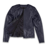 Zoey Navy Blue Collarless Leather Jacket - Leather Jacketss
