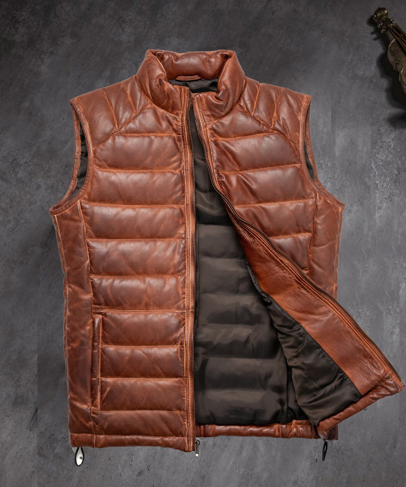 Leather Puffer Vest for Men, Luxurious Winter Outerwear, Ideal for Cold Weather - Leather Jacketss