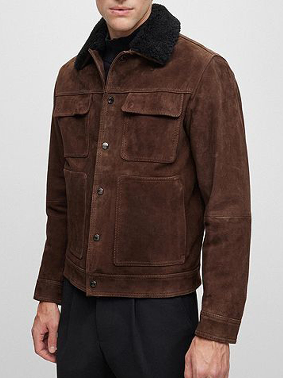 Suede Leather jacket Men's Goat - Boa Collar & Patch Pockets - Stylish Outerwear - Leather Jacketss