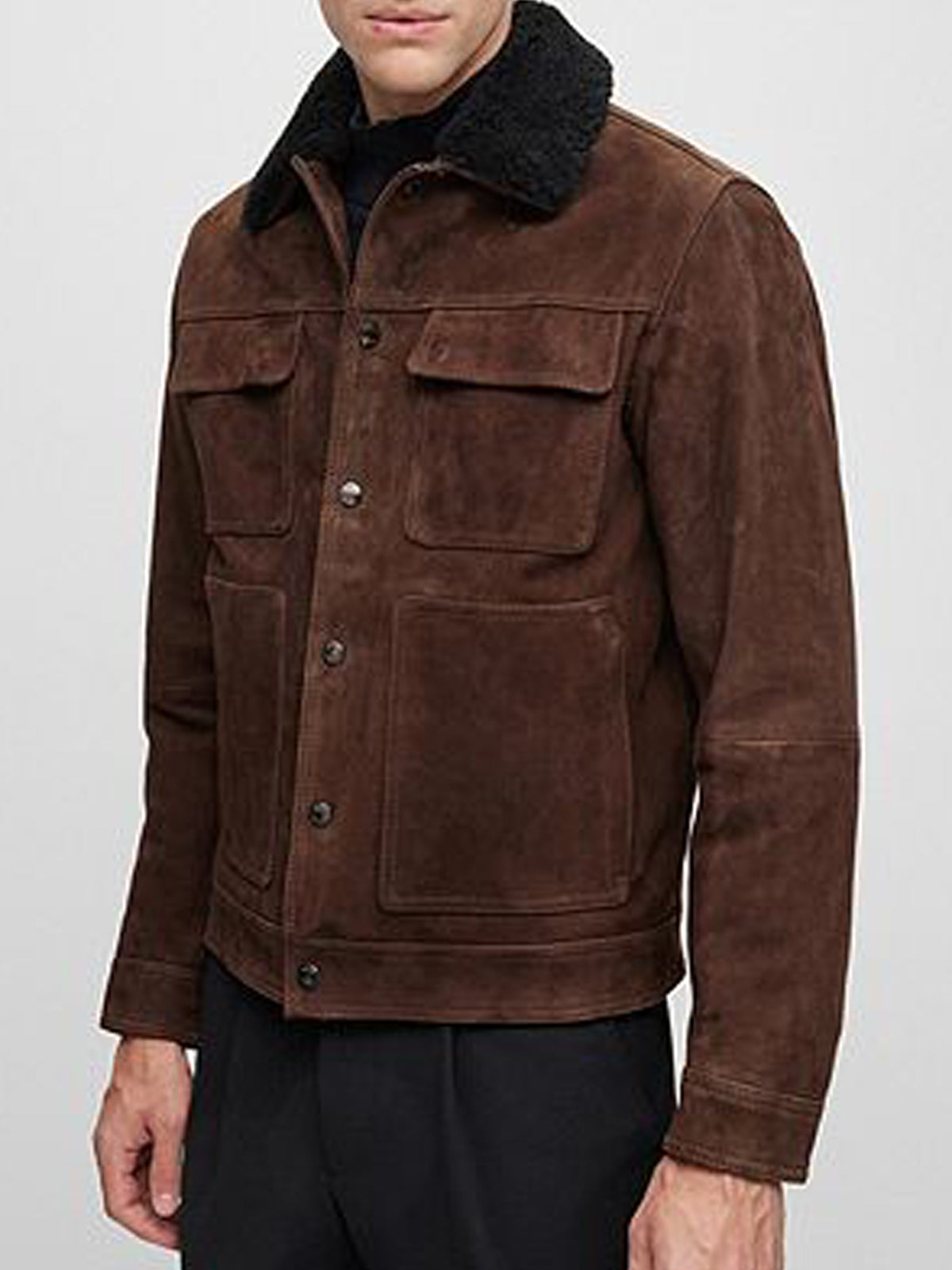 Suede Leather jacket Men's Goat - Boa Collar & Patch Pockets - Stylish Outerwear - Leather Jacketss