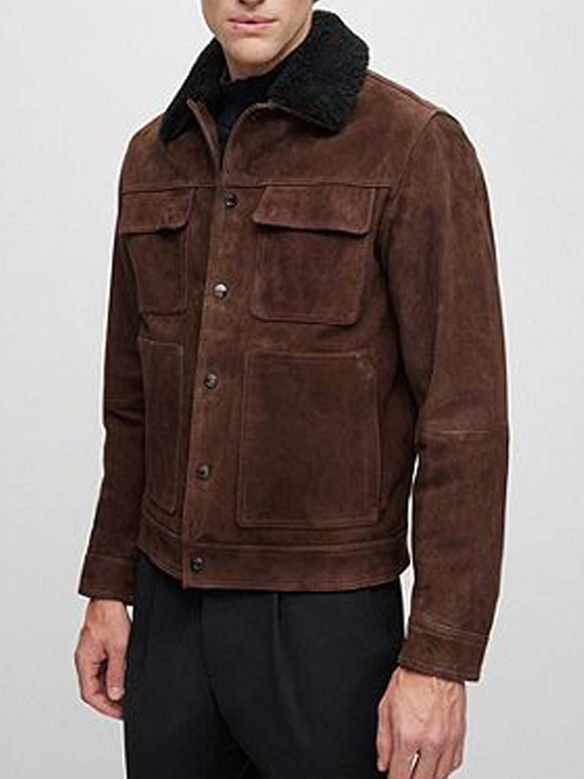 Suede Leather jacket Men's Goat - Boa Collar & Patch Pockets - Stylish Outerwear - Leather Jacketss