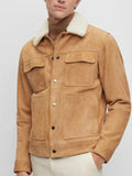 Suede Leather jacket Men's Goat - Boa Collar & Patch Pockets - Stylish Outerwear - Leather Jacketss