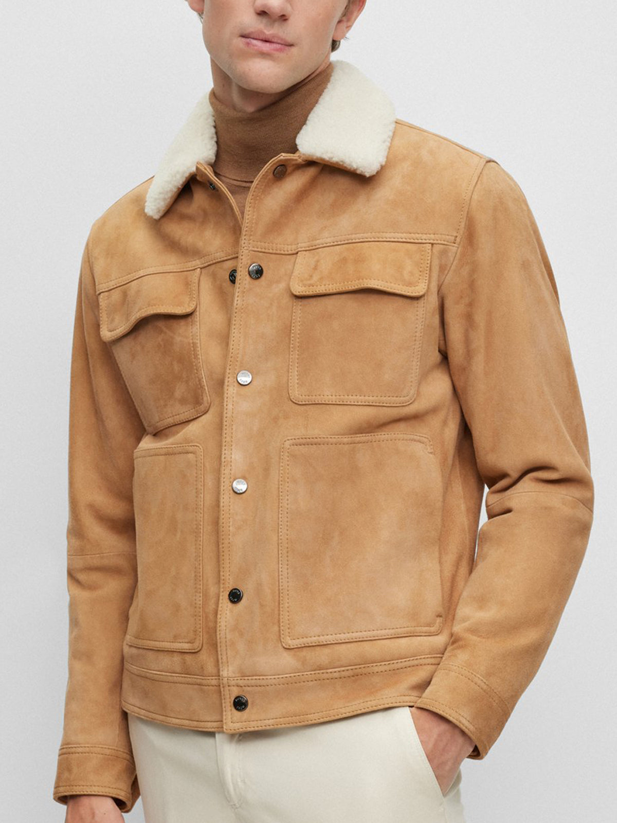 Suede Leather jacket Men's Goat - Boa Collar & Patch Pockets - Stylish Outerwear - Leather Jacketss