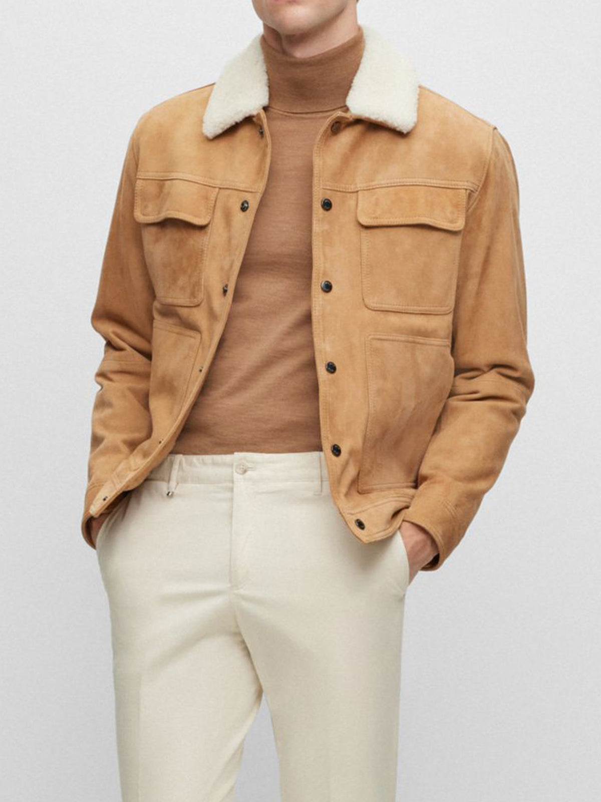 Suede Leather jacket Men's Goat - Boa Collar & Patch Pockets - Stylish Outerwear - Leather Jacketss