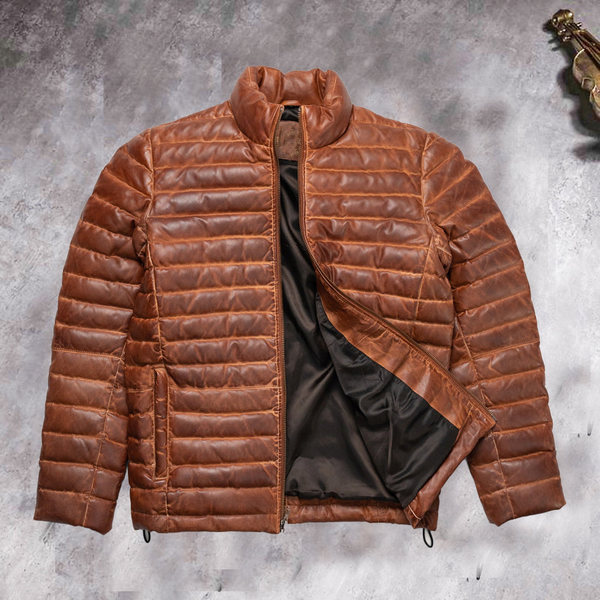 Men's Brown Leather Puffer Jacket