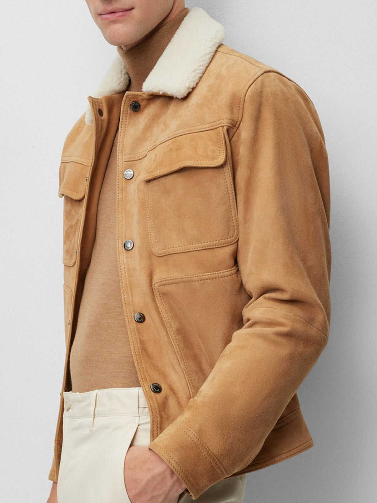 Suede Leather jacket Men's Goat - Boa Collar & Patch Pockets - Stylish Outerwear - Leather Jacketss