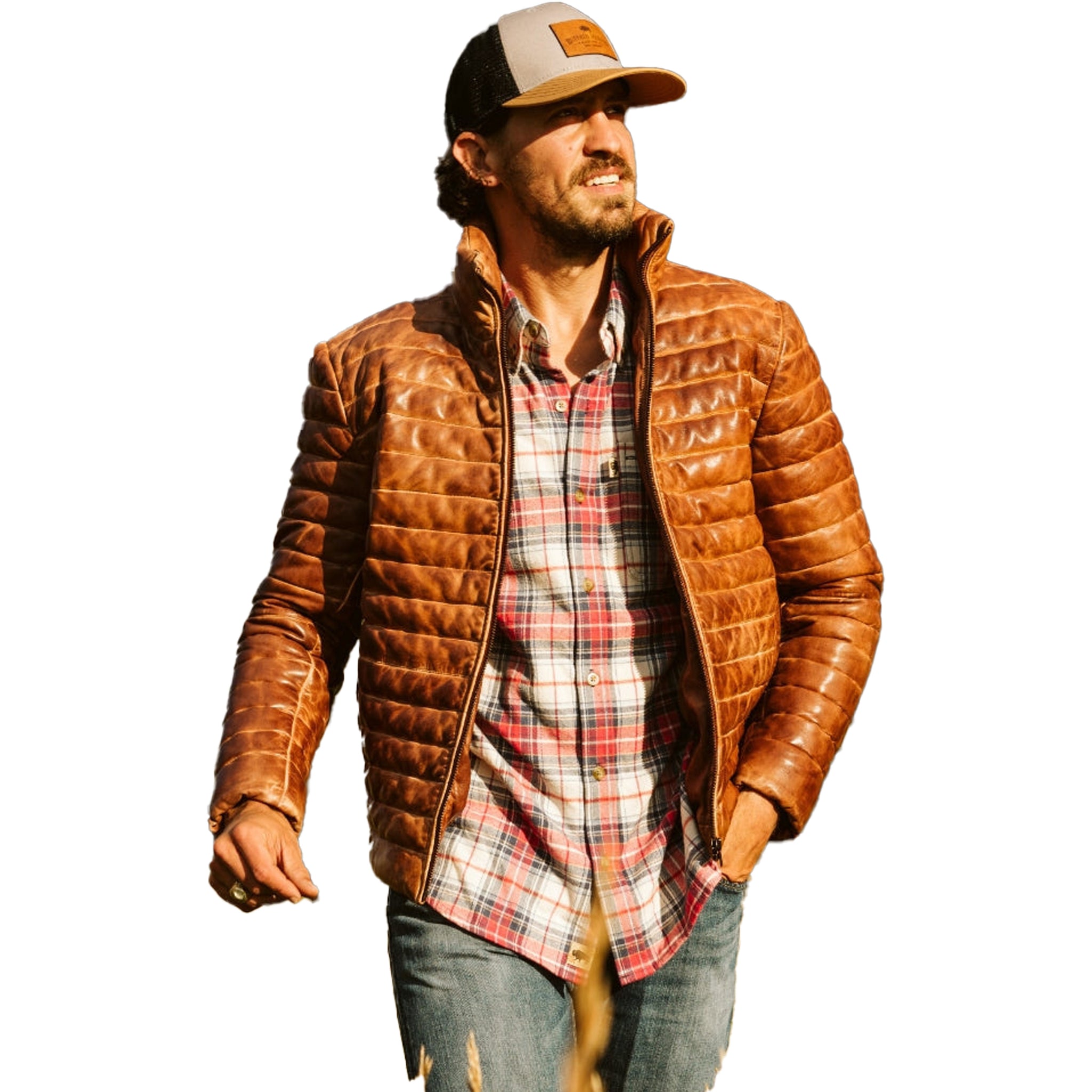 Men's Brown Leather Puffer Jacket