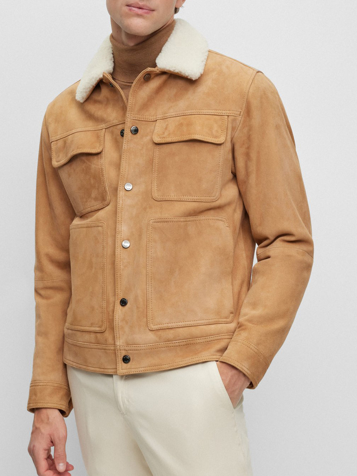 Suede Leather jacket Men's Goat - Boa Collar & Patch Pockets - Stylish Outerwear - Leather Jacketss