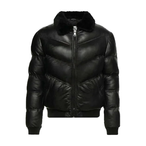 Black Puffer Jackets for Men, Stylish Lambskin Leather with Fur Collar - Leather Jacketss