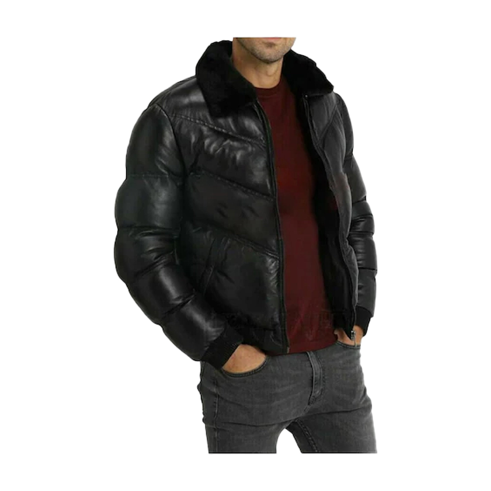 Black Puffer Jackets for Men, Stylish Lambskin Leather with Fur Collar - Leather Jacketss