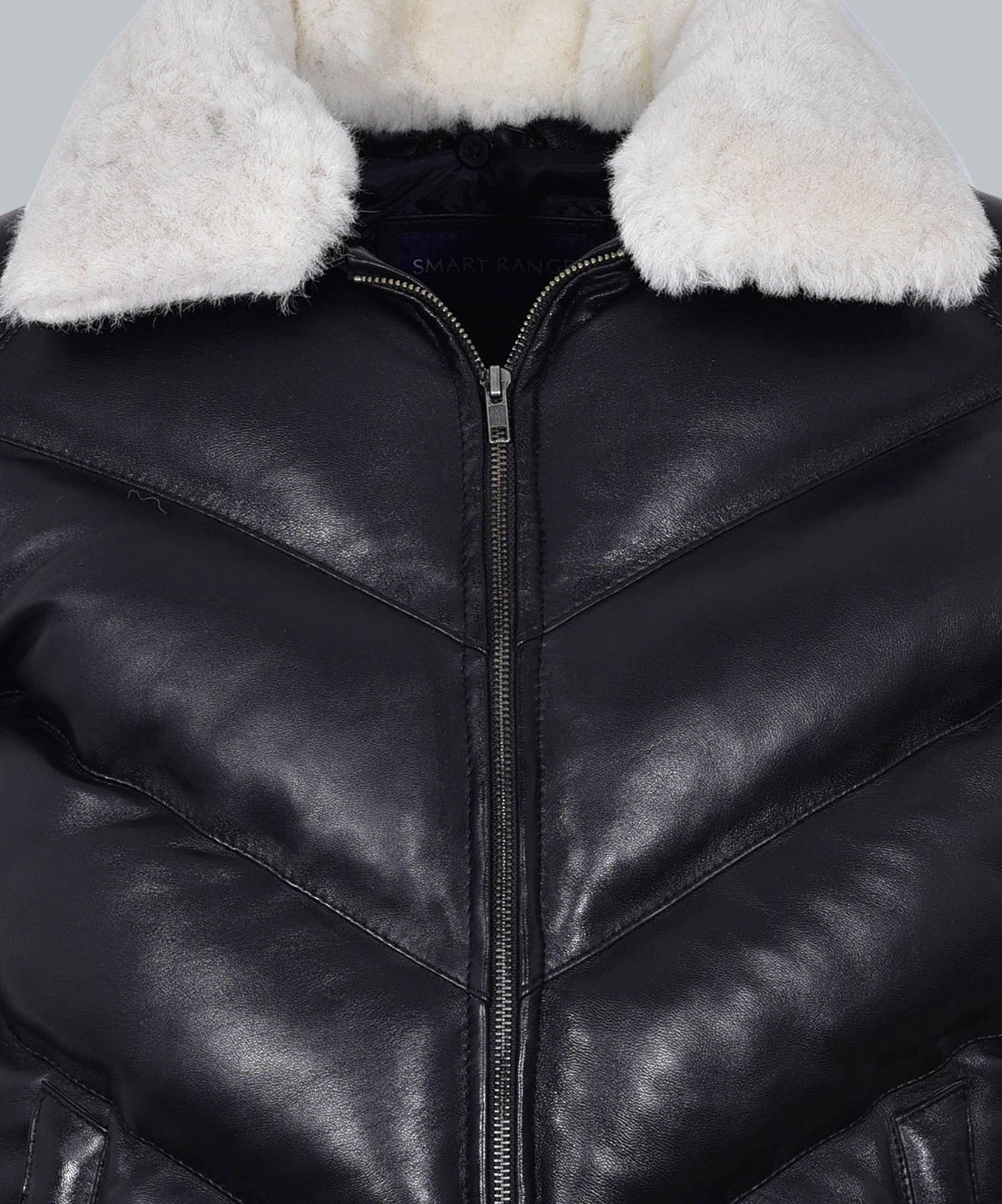 Furi Black Leather puffer Jacket Fur collar - Leather Jacketss