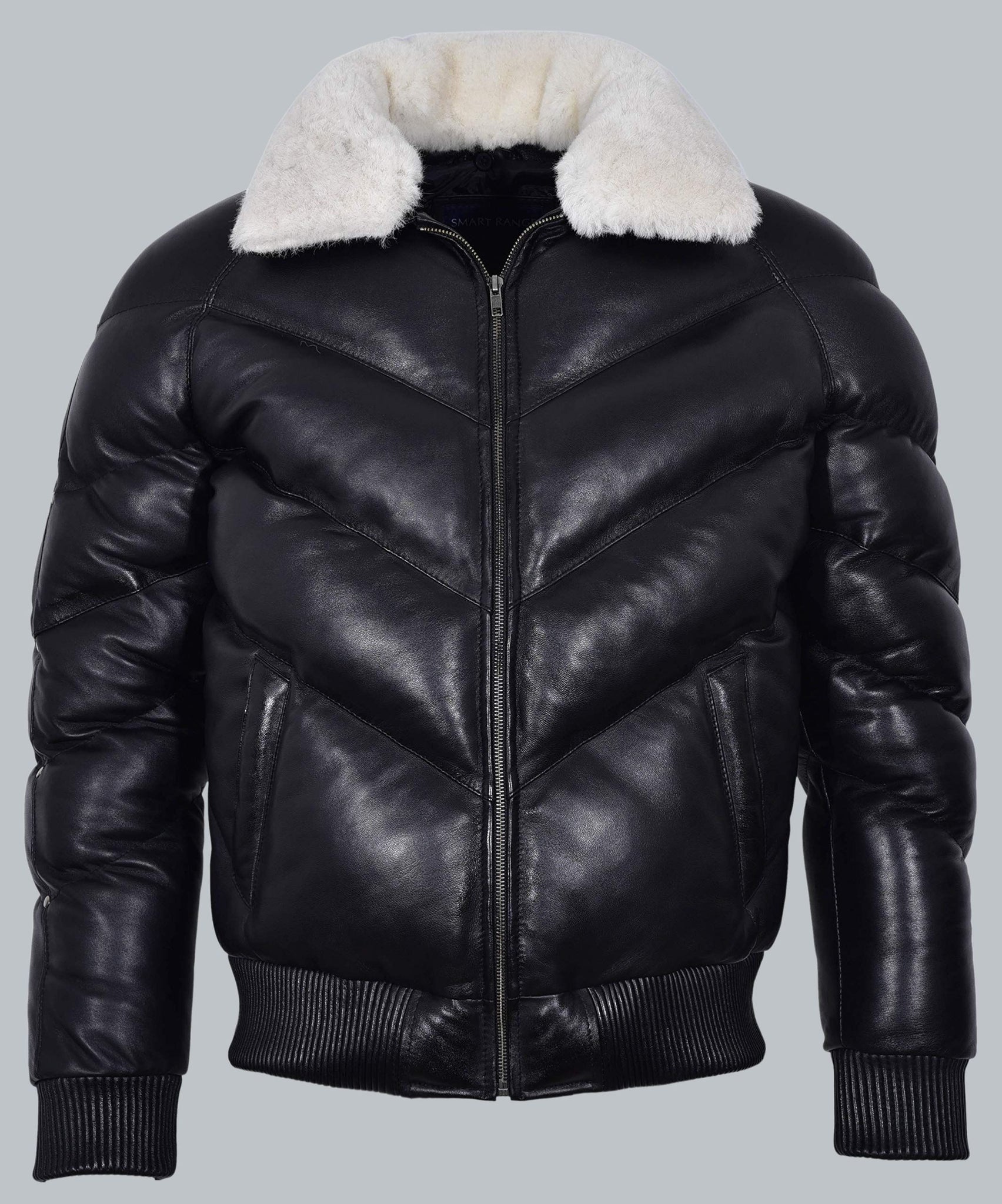 Furi Black Leather puffer Jacket Fur collar - Leather Jacketss