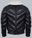 Furi Black Leather puffer Jacket Fur collar - Leather Jacketss