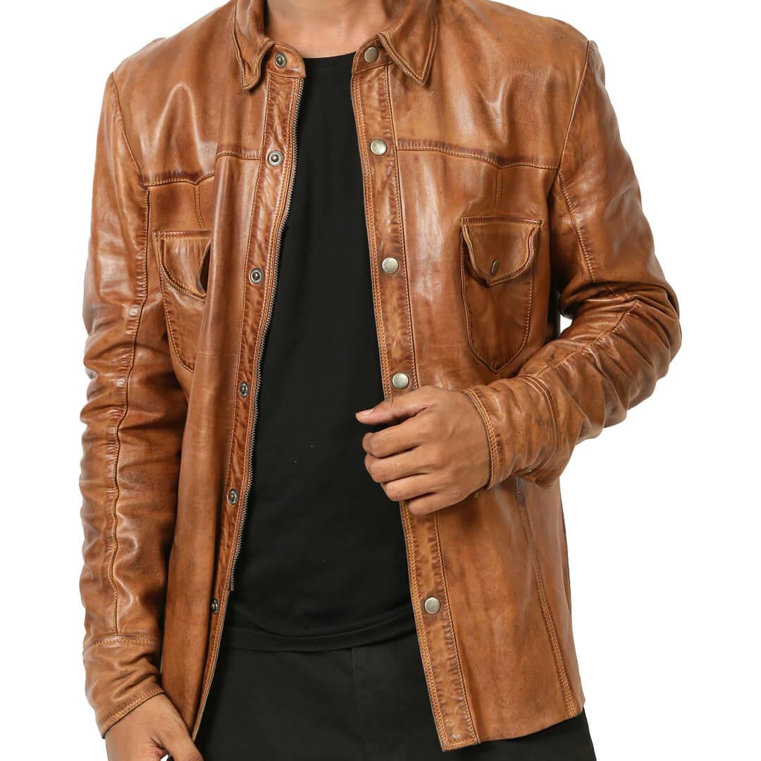 Adam Tan Flap Pockets Leather Jacket Shirt - Leather Jacketss