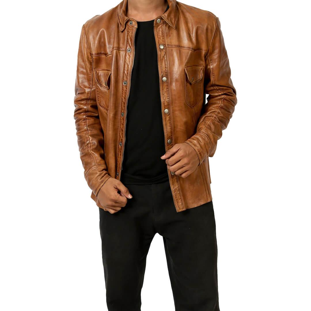 Adam Tan Flap Pockets Leather Jacket Shirt - Leather Jacketss