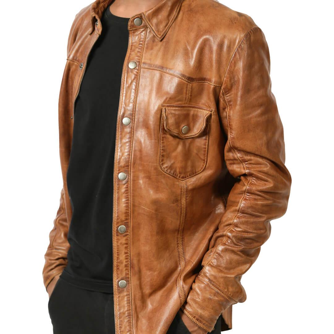 Adam Tan Flap Pockets Leather Jacket Shirt - Leather Jacketss