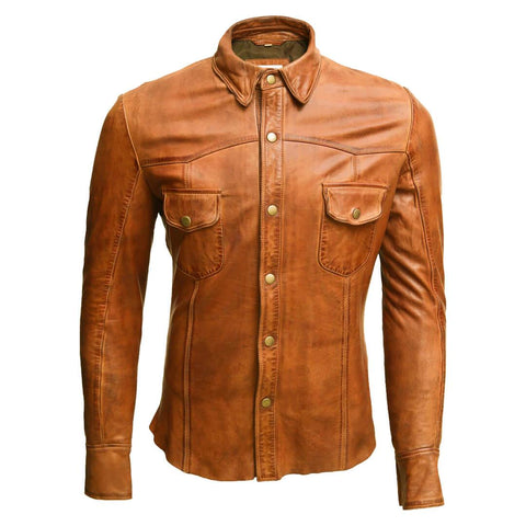 Adam Tan Flap Pockets Leather Jacket Shirt - Leather Jacketss