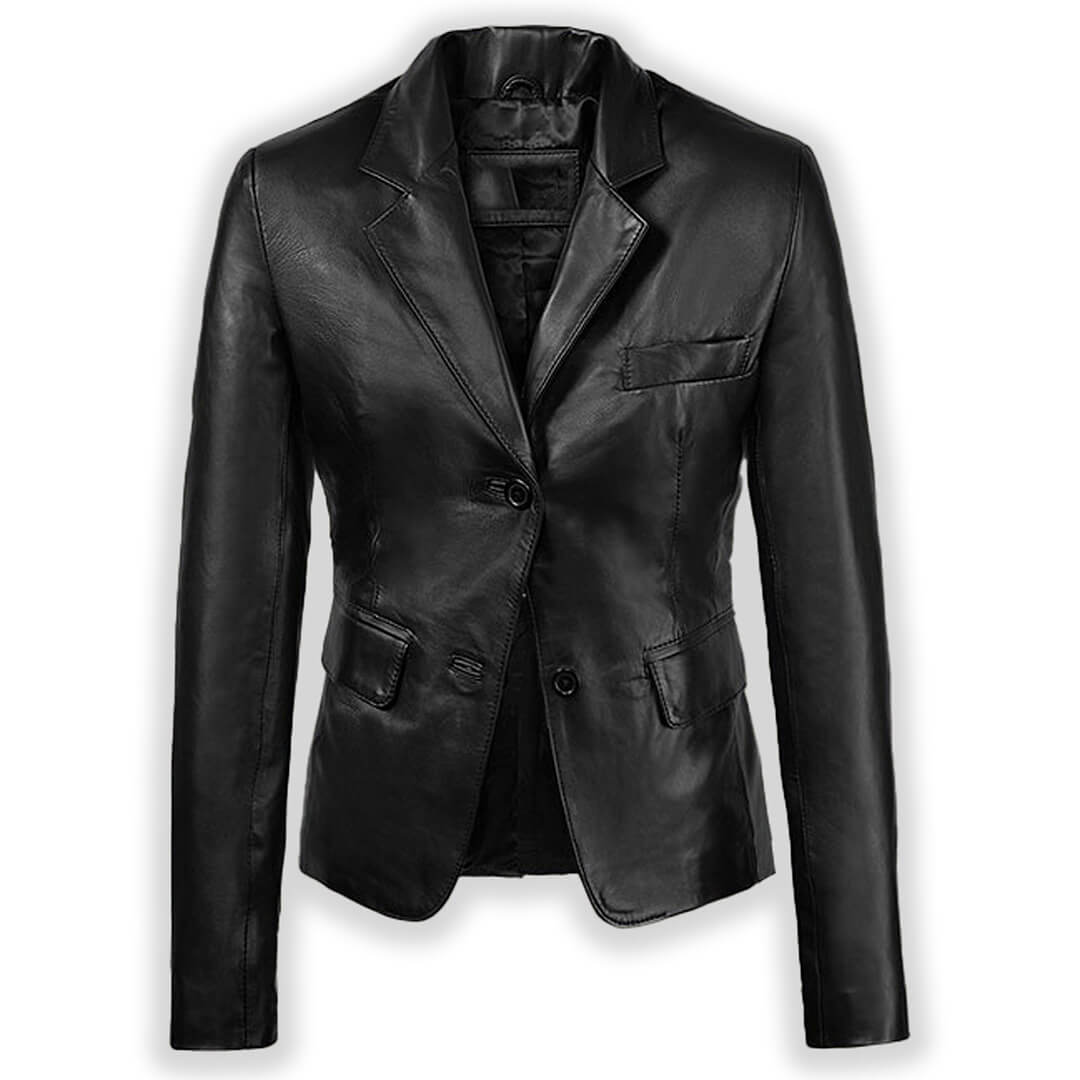 Anna Two-Button Black Leather Blazer - Leather Jacketss