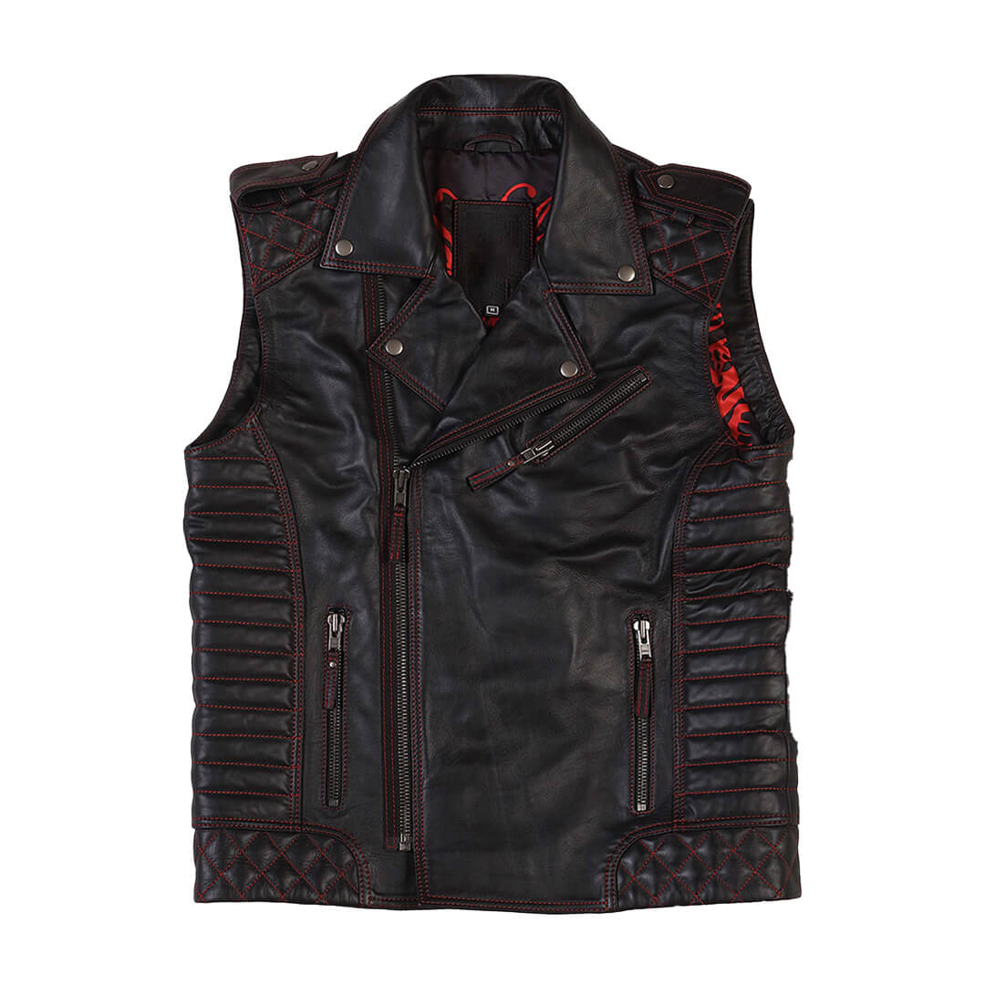 Nathan Black Motorcycle Quilted Leather Vest - Leather Jacketss