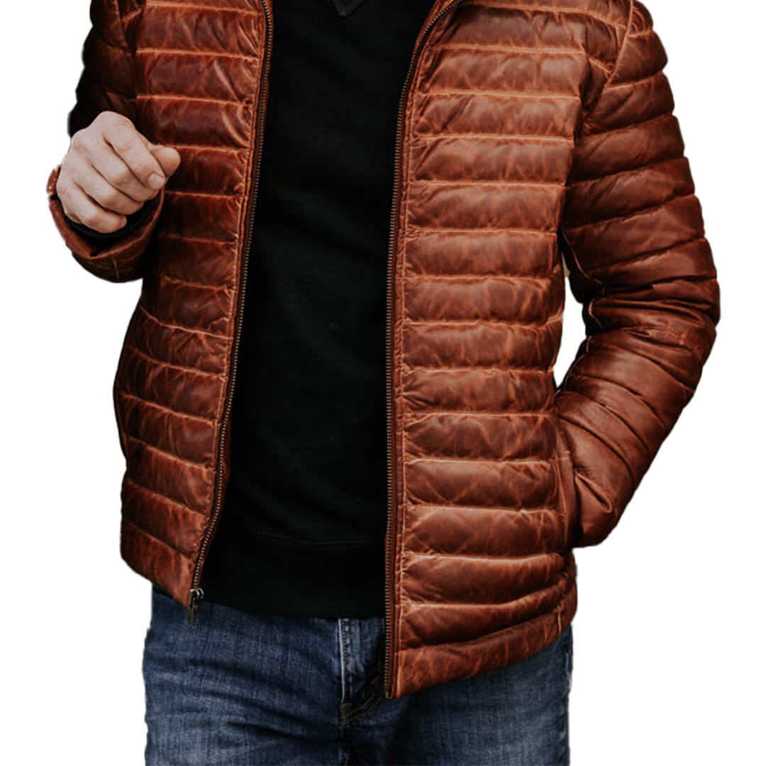 Austin Brown Leather Puffer Jacket - Leather Jacketss