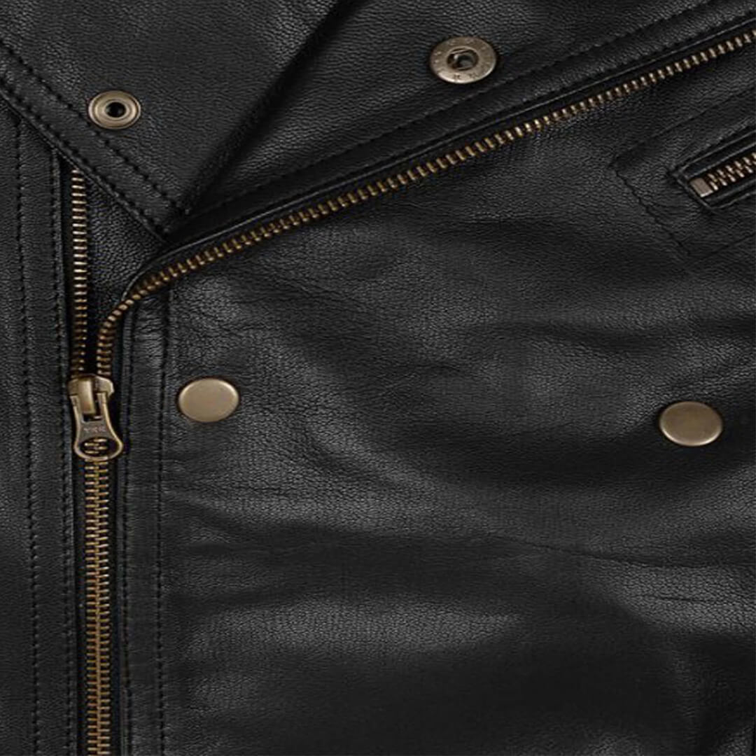 Felix Black Leather Biker Jacket with Notched Collar - Leather Jacketss