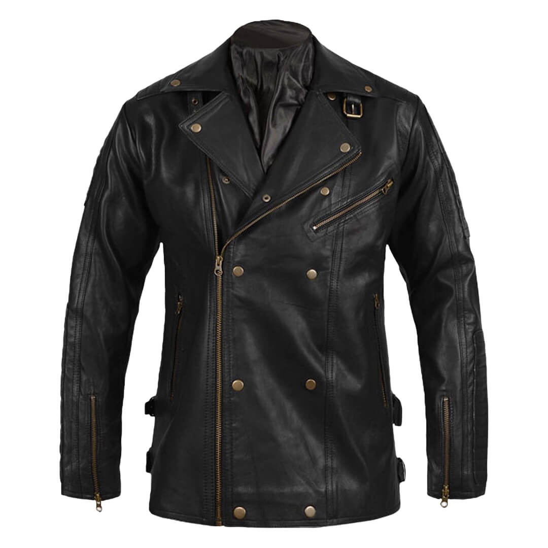 Felix Black Leather Biker Jacket with Notched Collar - Leather Jacketss