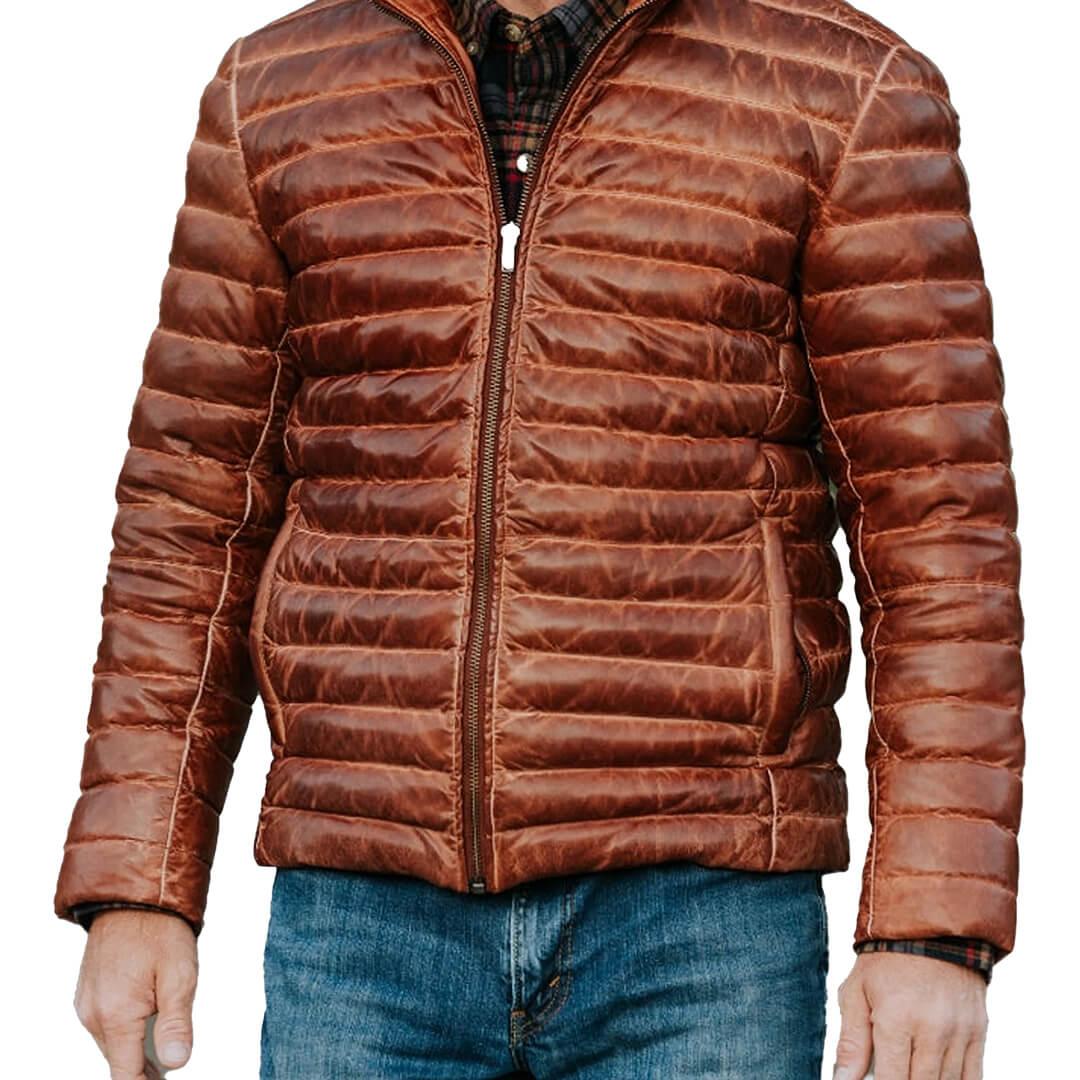 Elixir Tan Leather Puffer Jacket - Leather Jacketss