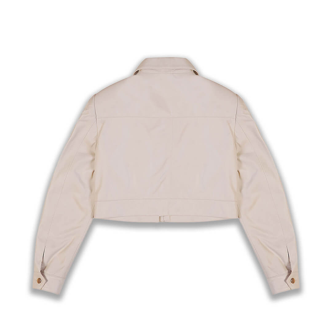 Elizabeth Beige Cropped Leather Jacket with Flap Pockets - Leather Jacketss