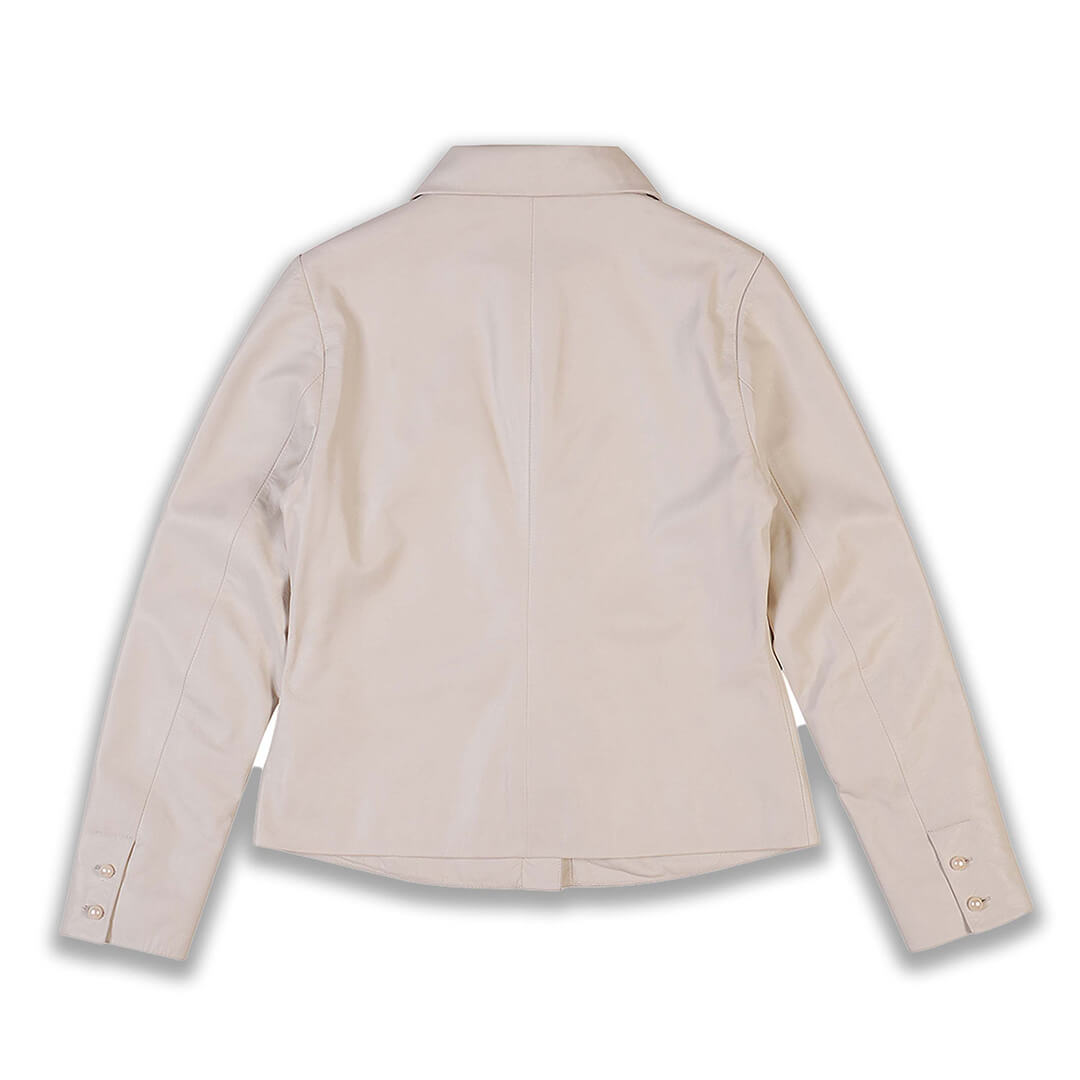 Elizabeth Beige Cropped Leather Jacket with Flap Pockets - Leather Jacketss