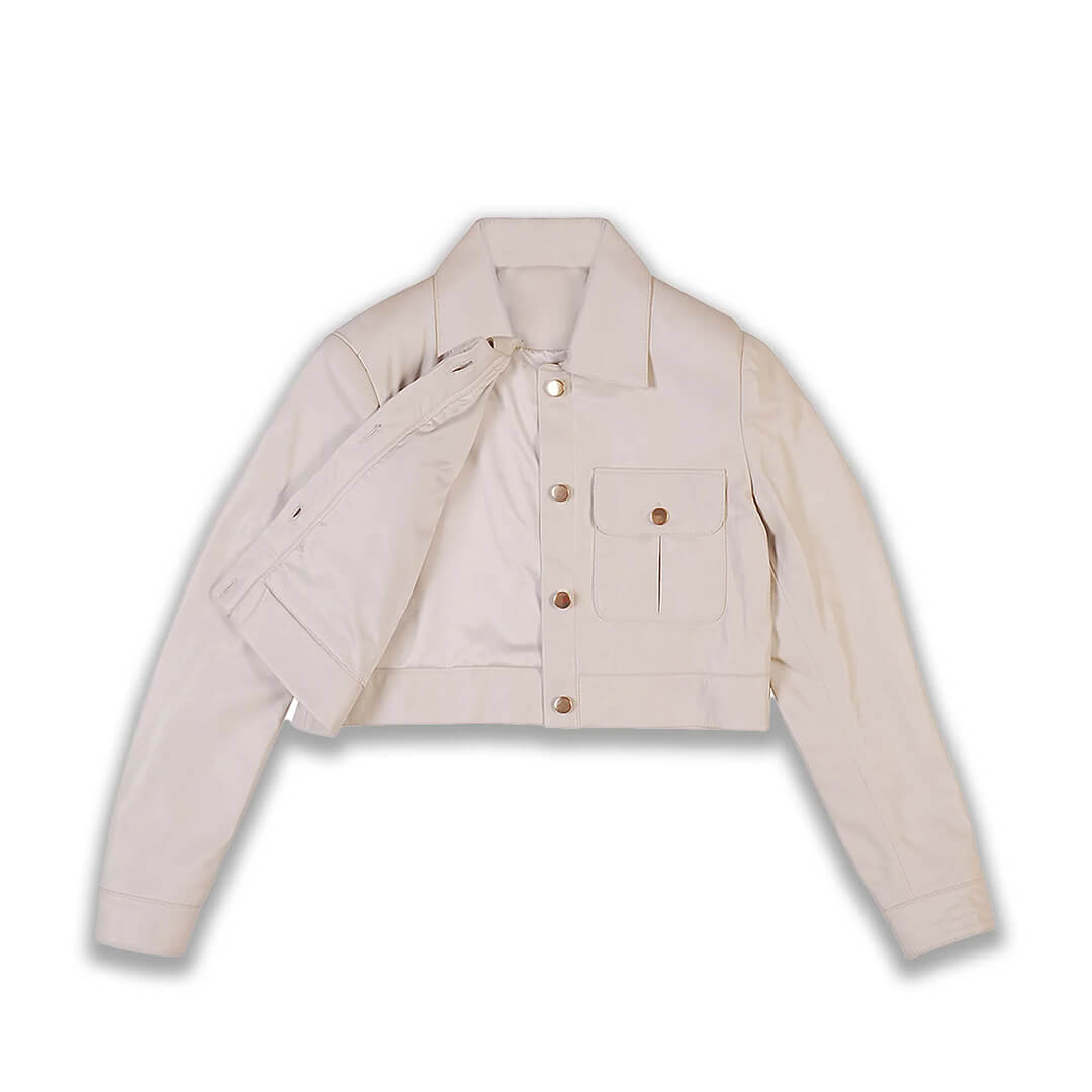 Elizabeth Beige Cropped Leather Jacket with Flap Pockets - Leather Jacketss