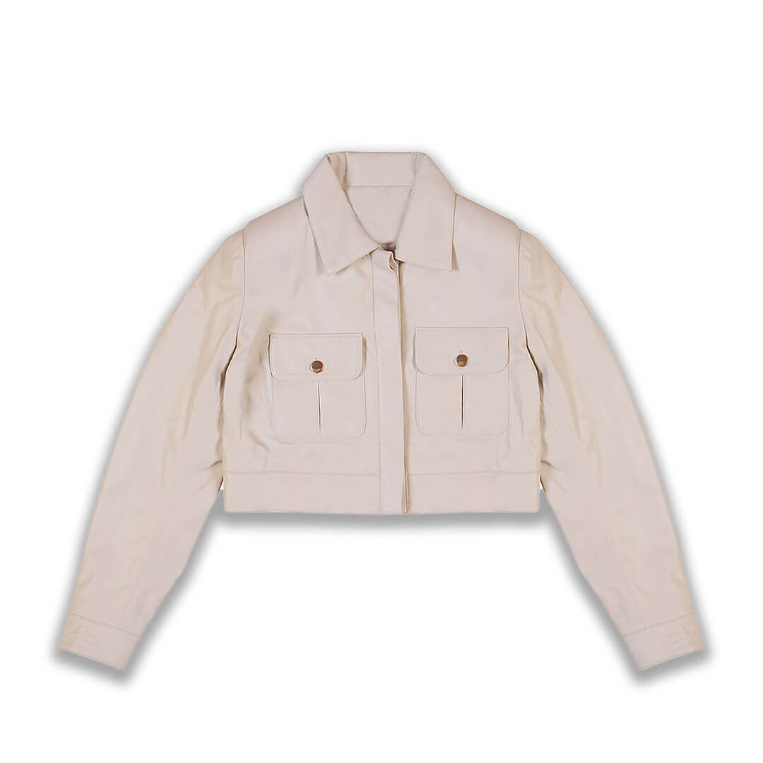 Elizabeth Beige Cropped Leather Jacket with Flap Pockets - Leather Jacketss