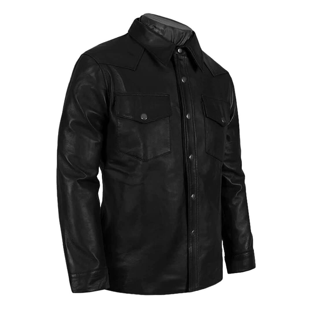 Henry Black Chest Pockets Leather Shirt Jacket - Leather Jacketss