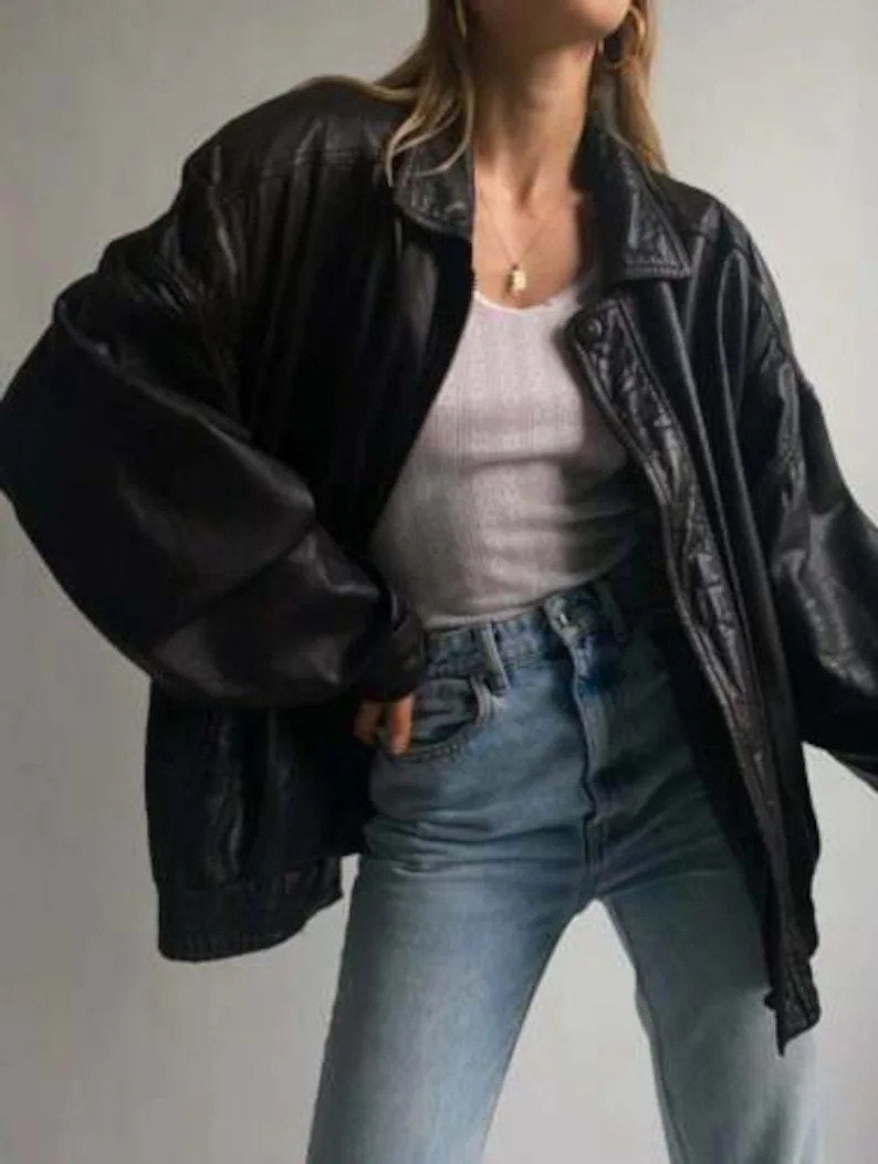 Women's oversized leather jacket, Retro Jacket, 90' Jacket, Vintage Jacket, Motorbike jacket, Biker Jacket, Leather Jacket, Black Jacket - Leather Jacketss