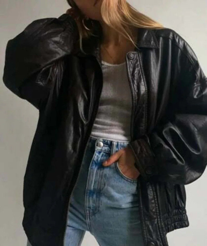 Women's oversized leather jacket, Retro Jacket, 90' Jacket, Vintage Jacket, Motorbike jacket, Biker Jacket, Leather Jacket, Black Jacket - Leather Jacketss