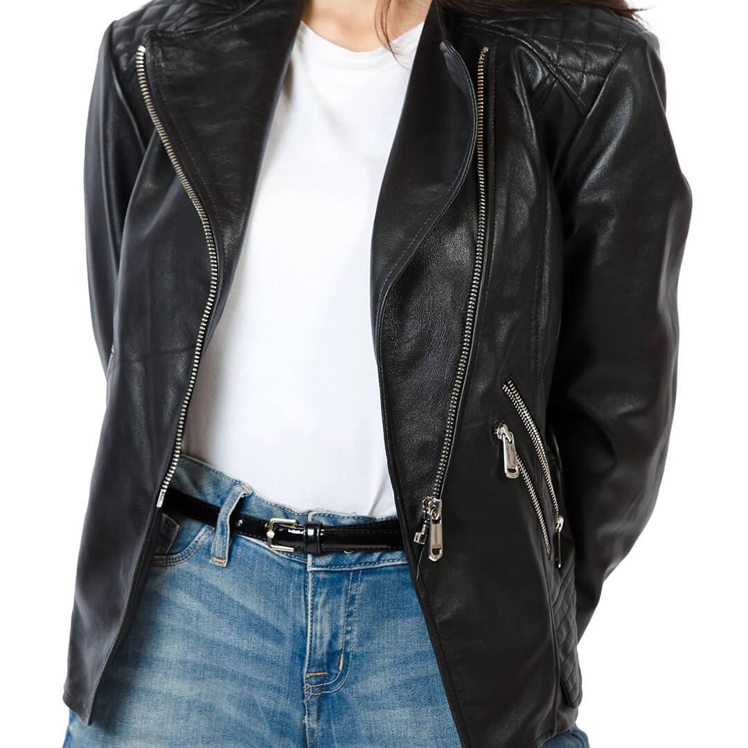 Camilla Quilted Black Leather Moto Jacket - Leather Jacketss