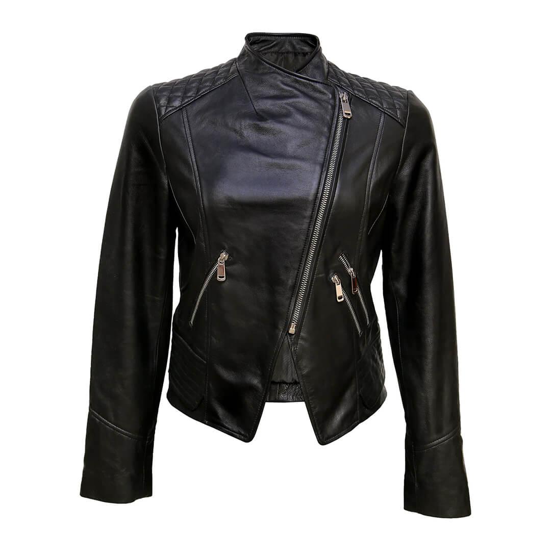 Camilla Quilted Black Leather Moto Jacket - Leather Jacketss