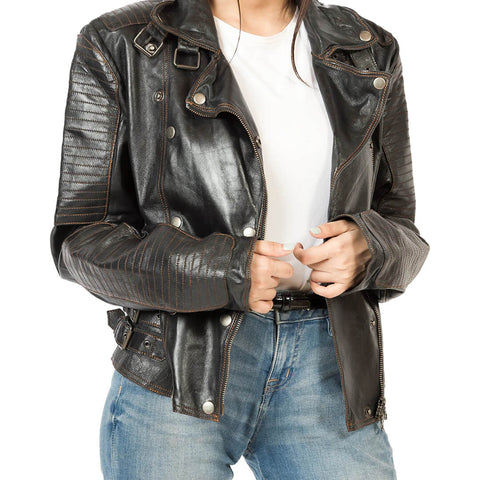 Diana Leather Biker Jacket with Asymmetrical Zip - Leather Jacketss