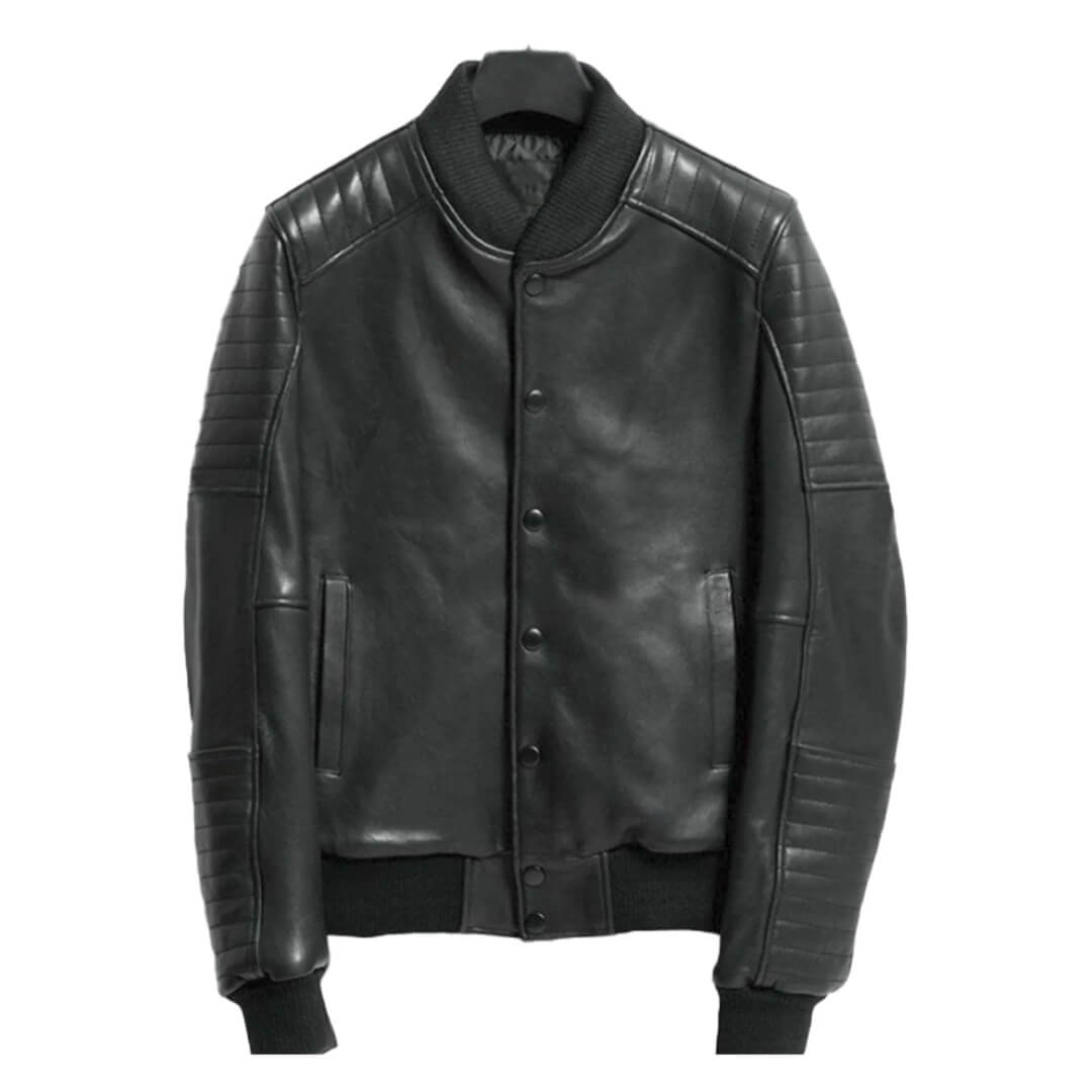 Charles Black Quilted Leather Varsity Jacket - Leather Jacketss