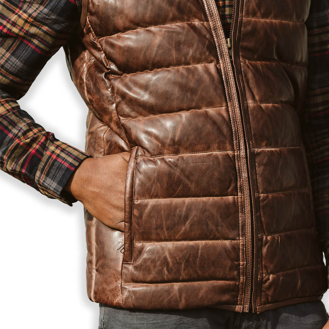 Tyler Brown Leather Puffer Vest - Leather Jacketss